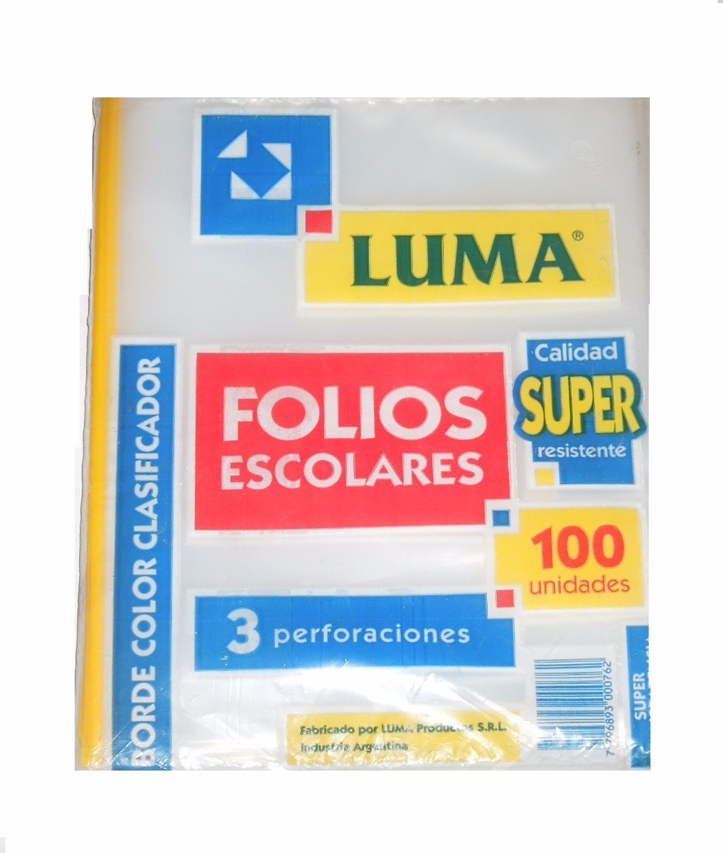 FOLIO LUMA ESCOLAR PESADO C/BORDE COLOR X100U.