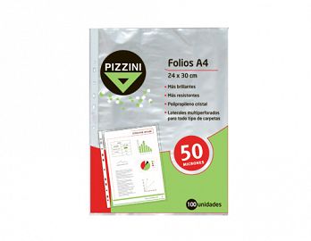 FOLIO PIZZINI EXTRA CRISTAL A4 PP 50MIC X 100U. DESPLEGADOS. (50FAX100)