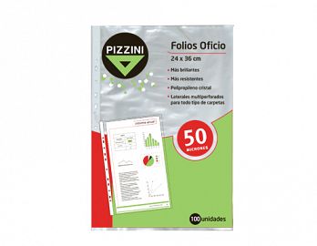 FOLIO PIZZINI EXTRA CRISTAL OFICIO PP 50MIC X 100U. DESPLEGADOS. (50FOX100)