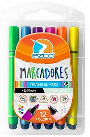 MARCADOR EZCO TRIANGULAR X12 COLORES NEON+PASTEL (VALIJA PLASTICA)